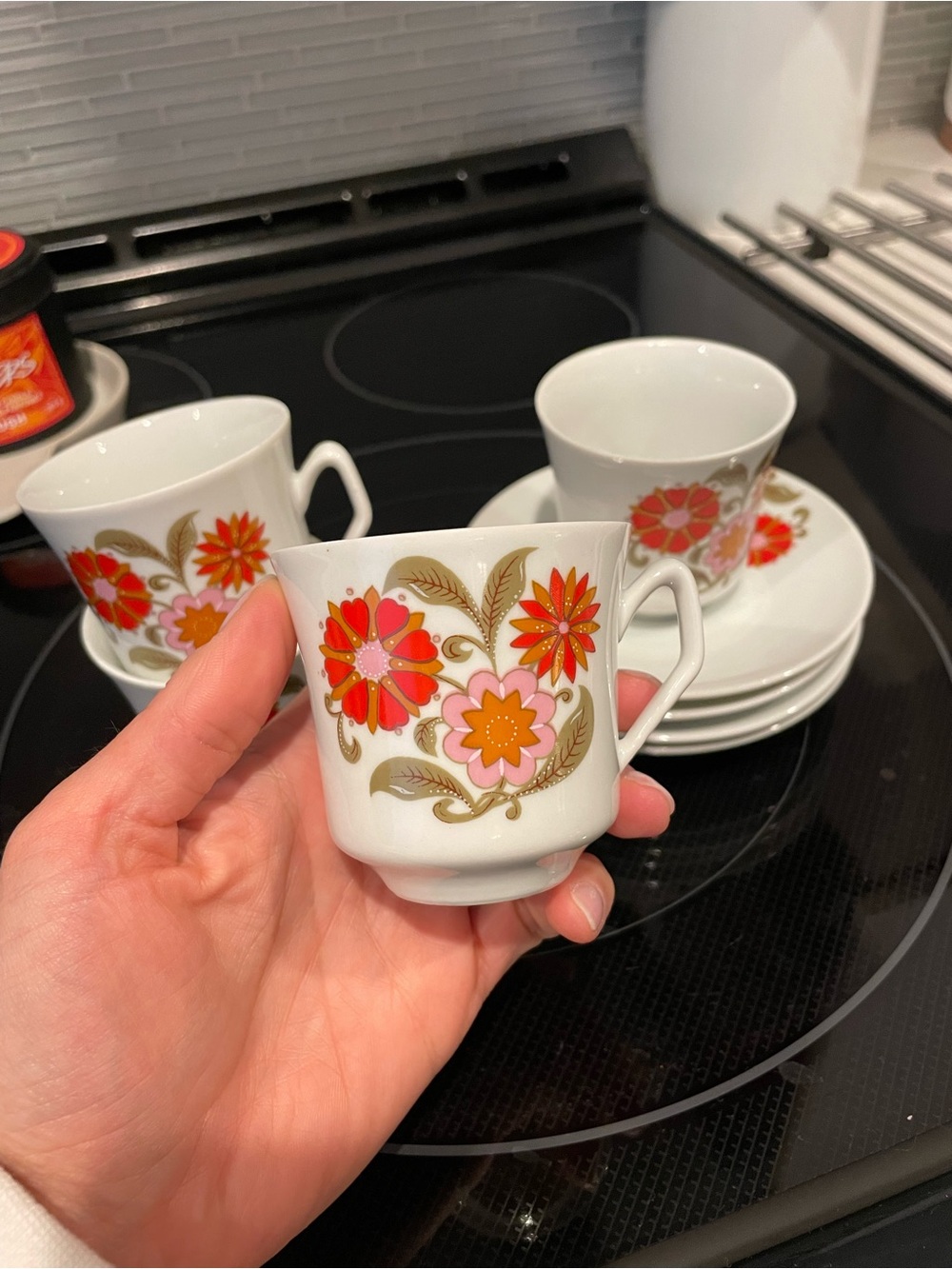 Vintage  porcelain flower espresso cups and saucers made in Italy